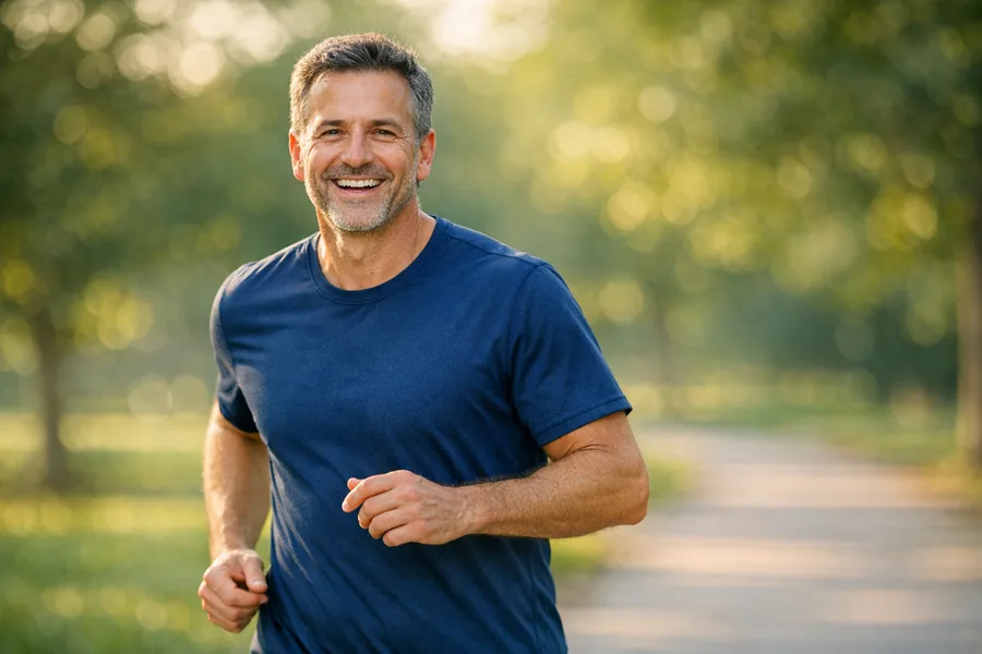 Man in een blauw sportshirt die glimlachend buiten wandelt, dagelijkse energie en vitaliteit met Elvra